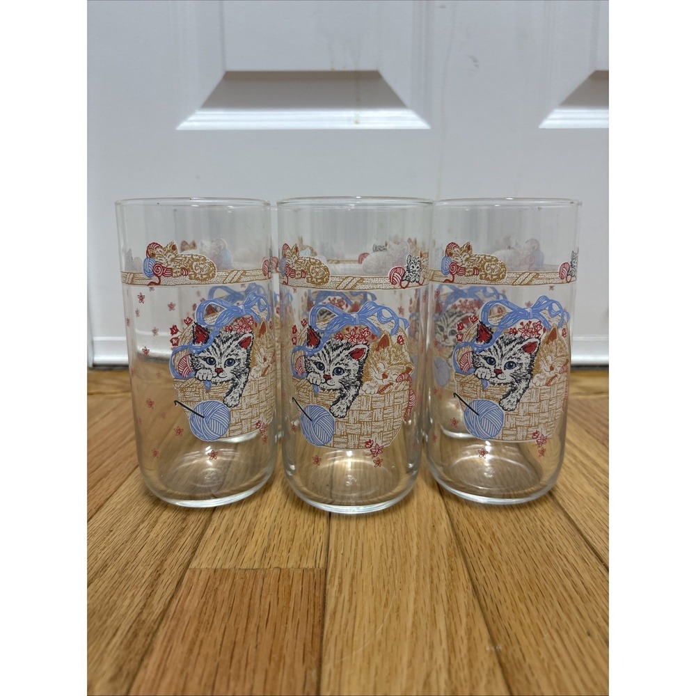 Vintage‎ Libbey Cottagecore 5.75" Country Cat Drinking Glasses  - Set Of 6
